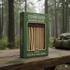 A box of heavy-duty waterproof matches with extra-long stems for camping and emergency kits.