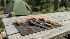 Illustration of fire-making essentials for a camping survival kit featuring waterproof matches and a ferrocerium rod.