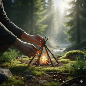 Diagram showing how to arrange kindling and tinder using a fire starter kit for camping.