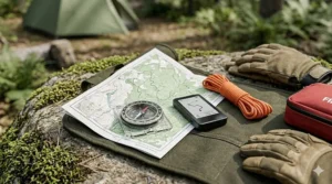 Traditional and modern navigation tools including a magnetic compass and a topographic map for wilderness survival.