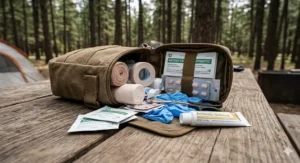 A compact first aid kit showing bandages, antiseptic wipes, and medical tape for outdoor safety.
