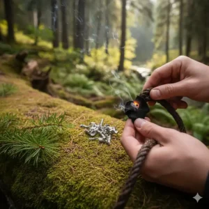 Illustration of magnesium shavings and waxed hemp rope used for quick ignition in wet conditions.