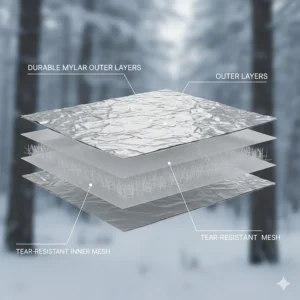 A cross-section illustration showing the tear-resistant Mylar layers of a heavy-duty emergency blanket for camping.