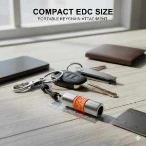 A scale illustration of a compact survival whistle attached to a keychain to show its portable size for everyday carry.