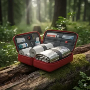 Graphic showing an emergency blanket for camping as an essential item in a wilderness first aid kit.