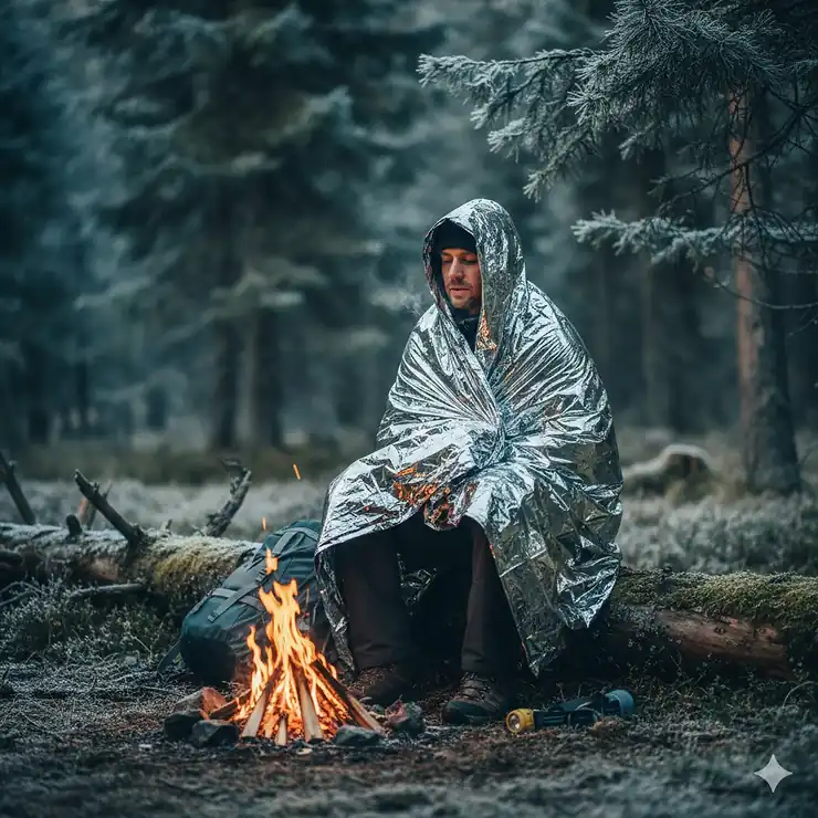 A hiker wrapped in a silver emergency blanket for camping during a cold night in the mountains.