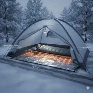 Diagram of an emergency blanket for camping being used as a reflective ground layer inside a tent.