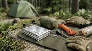 An emergency Mylar thermal blanket and lightweight bivy sack folded for a compact camping survival kit.