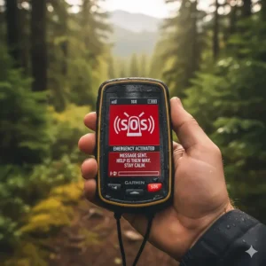 A hiker using the emergency SOS messaging feature on a handheld GPS for hiking in a remote area.