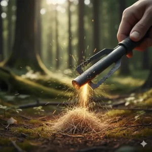 Close-up illustration of a ferrocerium rod and metal striker from a fire starter kit for camping.