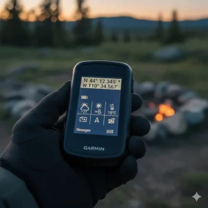 Close-up illustration of the Garmin inReach screen showing GPS coordinates and weather icons for camping.