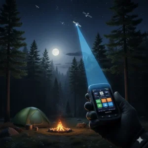 Illustration of a Garmin inReach sending a signal to a satellite from a remote forest campsite.