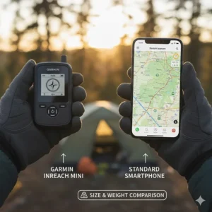 A side-by-side illustration of the Garmin inReach Mini versus a standard smartphone for lightweight camping.