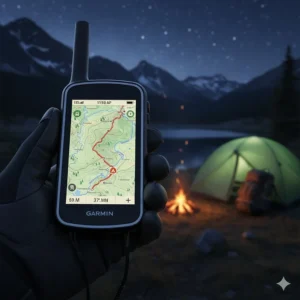 Topographic map illustration displayed on a Garmin inReach screen for trail navigation and camping.