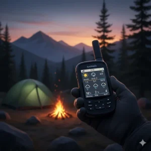 A digital graphic showing a Garmin inReach receiving a 5-day weather forecast in a remote camping area.