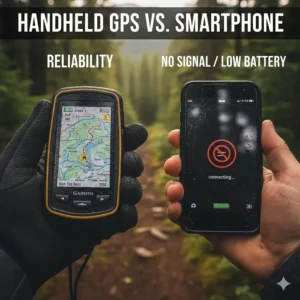 A side-by-side comparison illustration of a rugged handheld GPS for hiking versus a standard smartphone.