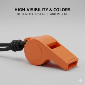 A bright orange emergency survival whistle designed for high visibility during search and rescue operations.