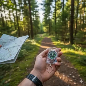 A hiker’s hand holding a liquid-filled compass for hiking while navigating a forest trail.