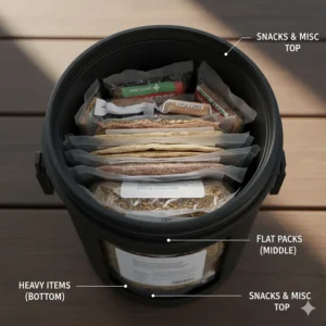 An overhead illustration demonstrating how to efficiently layer dehydrated food inside a bear canister for backpacking.