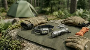 A high-lumen LED headlamp and a hand-crank flashlight included in a survival kit for night-time camping.