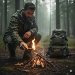 A camper using waterproof matches to start a campfire at a damp forest campsite.