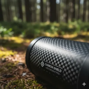 A close-up illustration highlighting the textured surface of a lightweight carbon fiber bear canister for backpacking.