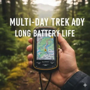 An icon-style illustration of a handheld GPS with a full battery bar, ideal for multi-day trekking.