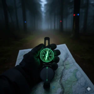 A glowing, luminous compass for hiking being used for navigation during a night trek.