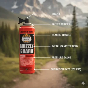 A labeled illustration of the mechanical parts that make up the best bear spray products.