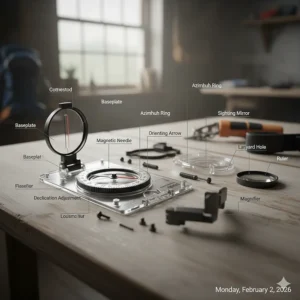 Illustration showing the different parts of a professional compass for hiking and navigation.