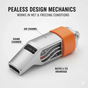A technical illustration showing the internal chamber of a pealess survival whistle that works in wet and freezing conditions.