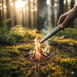 A collapsible stainless steel pocket bellows for oxygenating a small campfire.