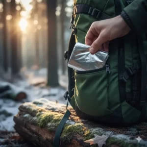 Illustration of a folded emergency blanket for camping fitting easily into a small backpack pocket.