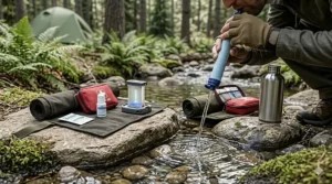 A portable water filtration straw and collapsible bottle being used to purify lake water while camping.
