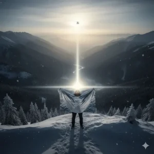 Illustration of a stranded hiker using the shiny surface of an emergency blanket for camping to signal for rescue.