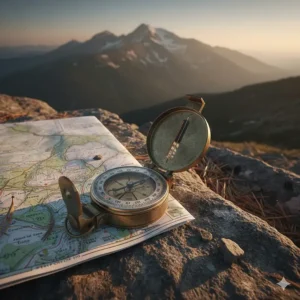 A rugged lensatic compass for hiking resting on a rock with a mountain range in the background.