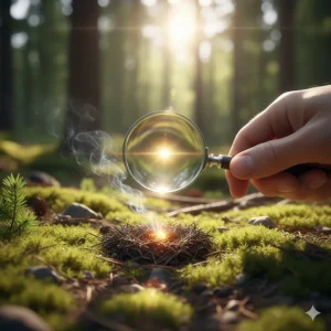 Illustration of a pocket magnifying glass used as a solar backup in a fire starter kit for camping.