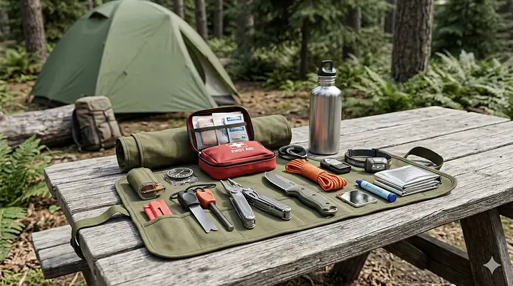 A comprehensive survival kit for camping laid out on a wooden surface, including a multi-tool, first aid supplies, and fire starter.