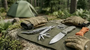 A durable fixed-blade survival knife and a stainless steel multi-tool used for building a campfire.