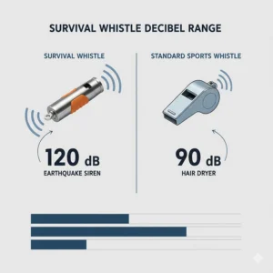 A graphic illustration showing the 120-decibel sound range of the best survival whistle compared to standard whistles.