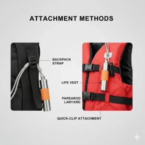 An illustration showing how to attach a survival whistle to a backpack strap or life vest for quick access.