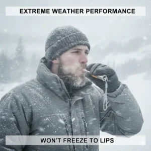 An illustration of a survival whistle being used in a blizzard, demonstrating that it won't freeze to the user's lips.