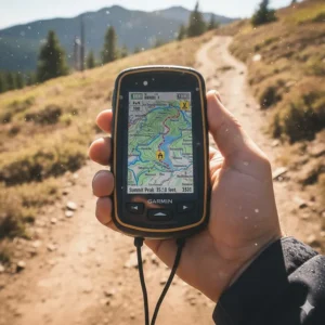 Detailed 3D topographic contour lines displayed on the screen of a handheld GPS for hiking.
