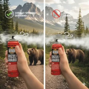 Illustration demonstrating how to account for wind direction when deploying the best bear spray.