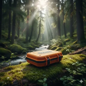 A compact, orange waterproof hard case designed to hold a fire starter kit for camping.