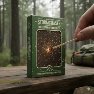 Close-up of a moisture-resistant match container with a side-mounted striker pad.