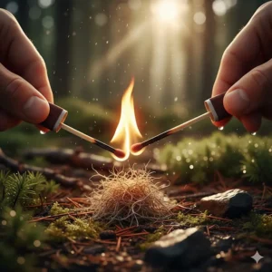 Illustration of stormproof matches and a striker pad, essential for a reliable camping fire kit.