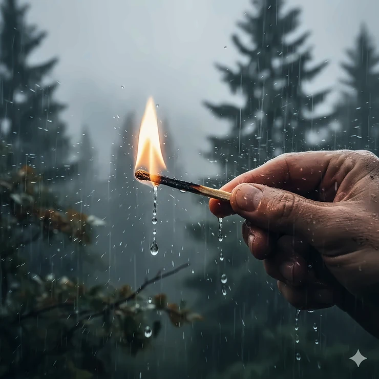 A hand holding a lit waterproof match burning brightly in the rain during a camping trip. waterproof matches for camping