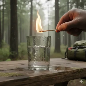 A waterproof match being dipped into water and successfully relit for a camping demonstration.