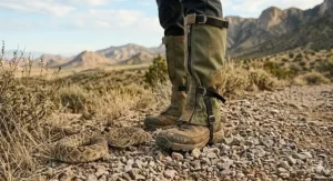 Detailed view of the buckle and strap system on snake gaiters for a secure fit over hiking boots.